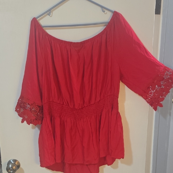 Lane Bryant Vibrant Red Blouse with Lace Sleeves - Picture 3 of 3